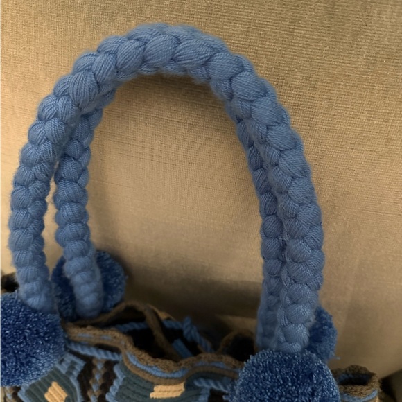 Blue Geometric Woven Shoulder Bag with Pom-Pom Accents - Picture 4 of 9